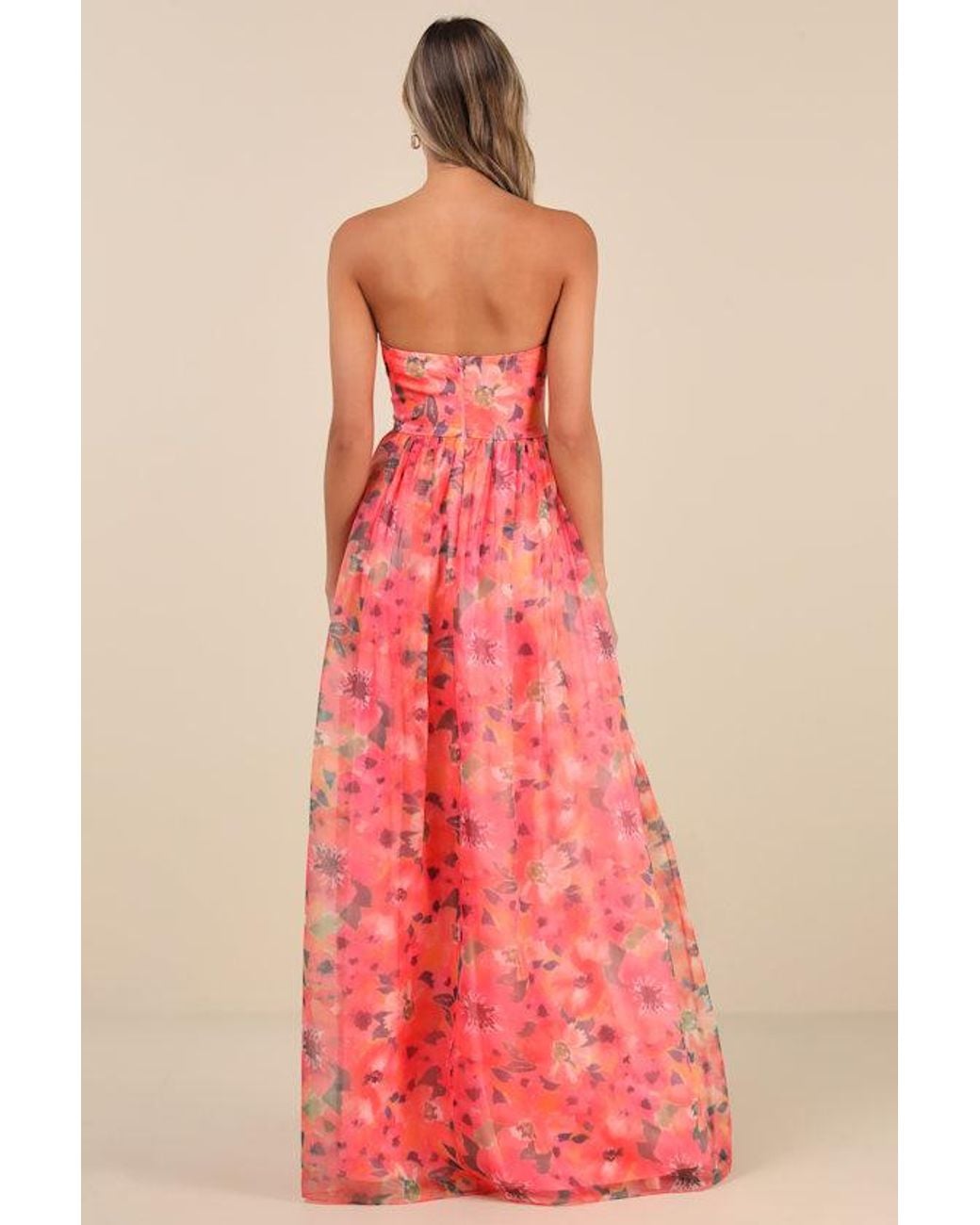 Lulus Red Wonderful Waltz Floral Print Strapless Bustier Maxi Dress