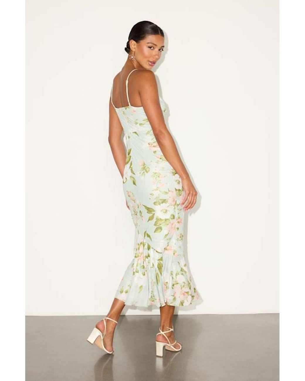 Lulus White Giorgina Sage Floral Mesh Gathered Trumpet Midi Dress
