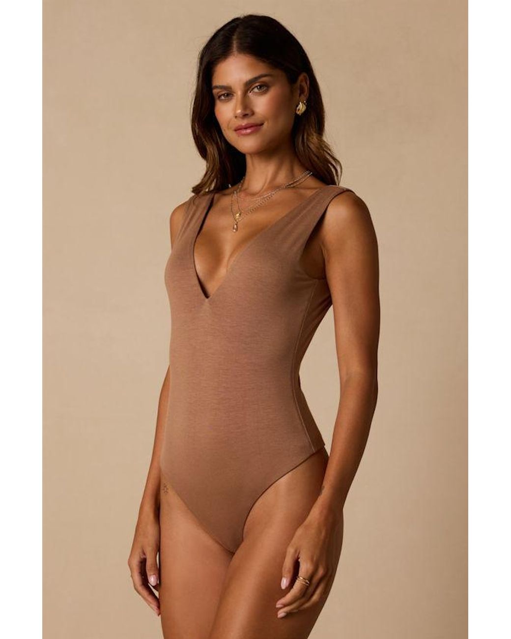 Lulus Basics Brown Check You Out Sleeveless Bodysuit