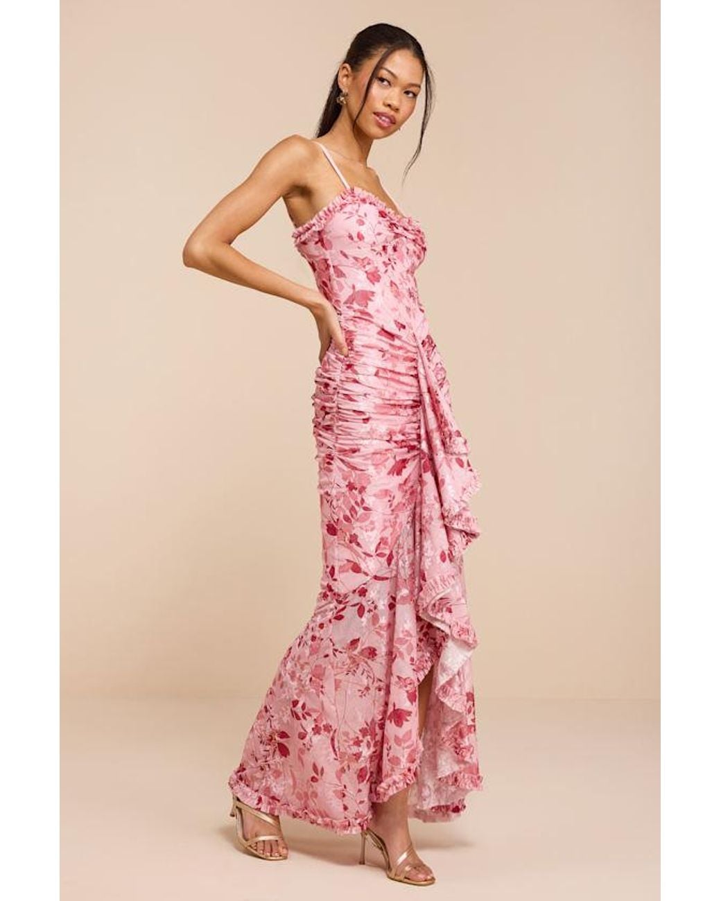 Lulus Pink Zella Multi Floral Mesh Ruffled Maxi Dress