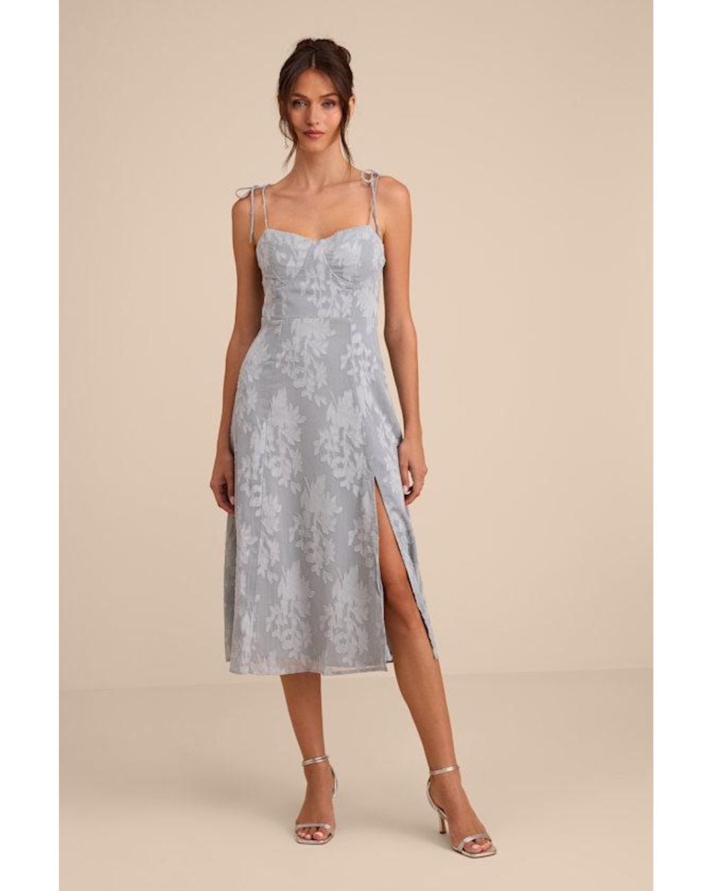Lulus Blue Loveliest Looks Floral Jacquard Tie-Strap Midi Dress