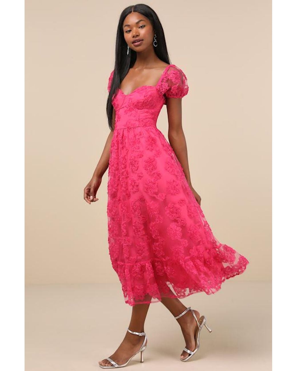 Lulus Pink Notable Elegance Mesh Floral Applique Bustier Midi Dress