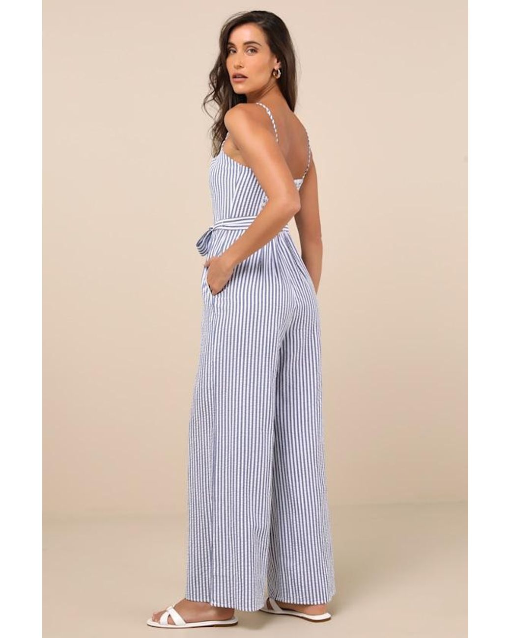 Lulus Blue Messina Striped Wide-Leg Jumpsuit