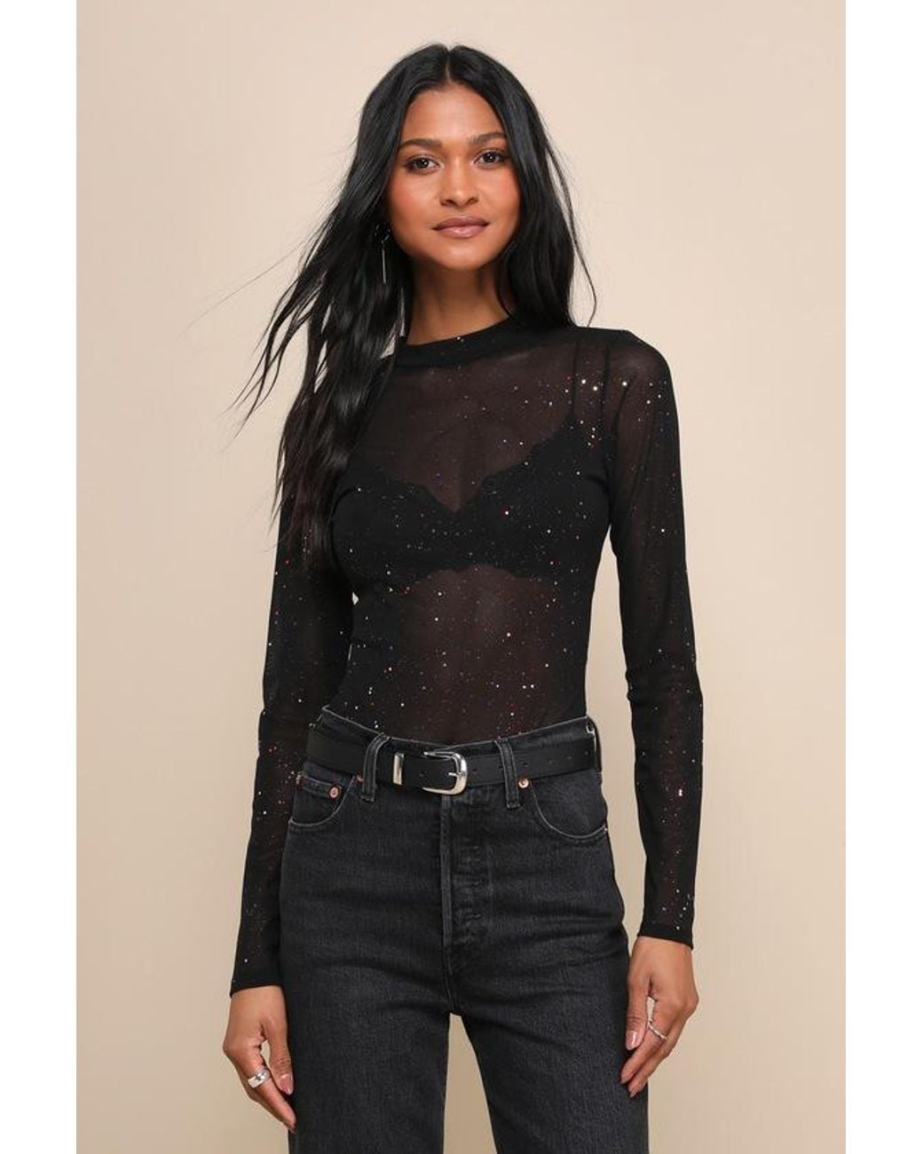 Lulus Black Strike An Attitude Mesh Multi Embellished Mesh Bodysuit
