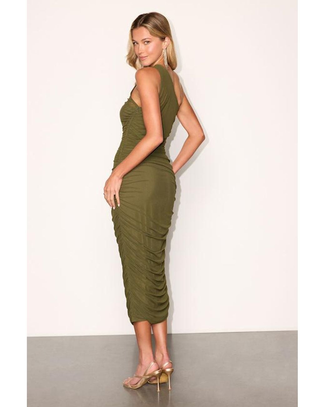 Lulus Green Kiden Mesh Ruched One-Shoulder Midi Dress