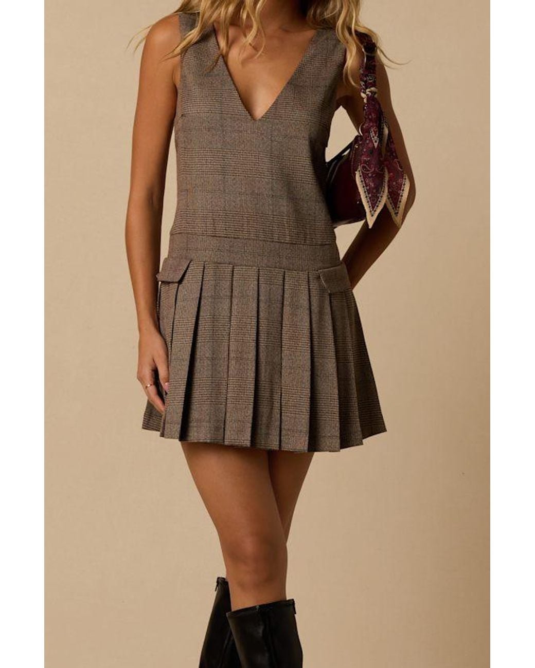 Lulus Brown Woolridge Plaid Drop Waist Mini Dress