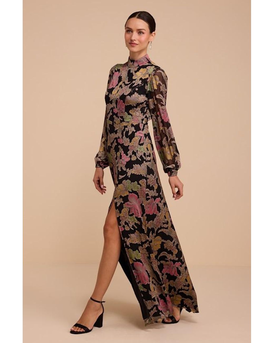 Lulus Natural Ines Floral Long Sleeve Maxi Dress