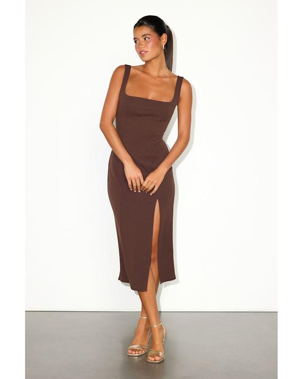 Lulus Brown Davana Dark Cutout Midi Dress