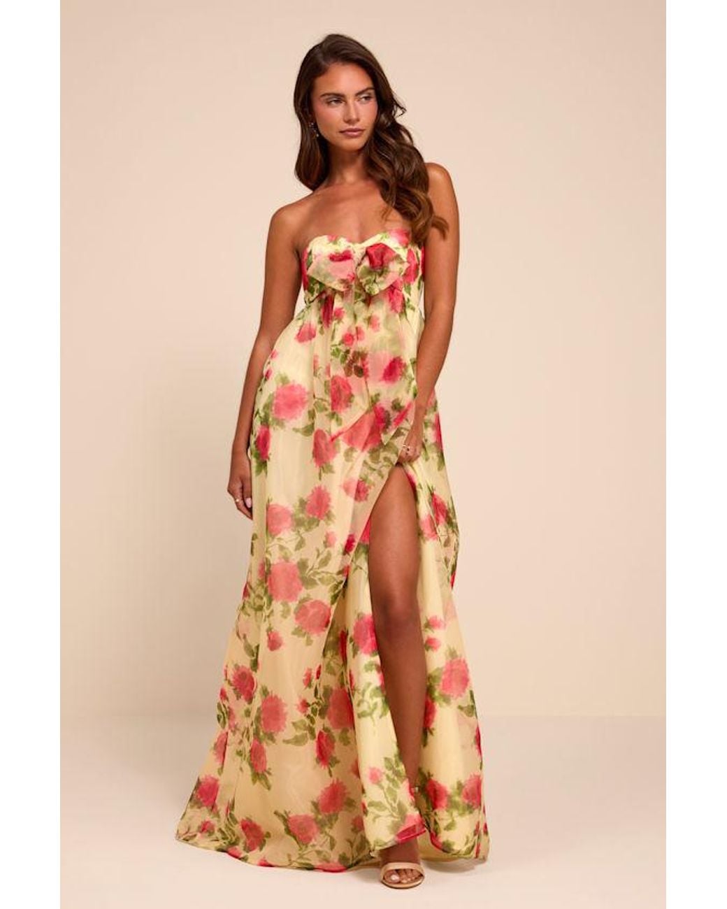 Lulus Natural Ember Floral Organza Strapless Maxi Dress