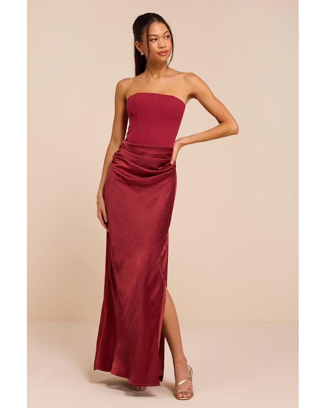 Lulus Red Mella Mixed Media Strapless Maxi Dress