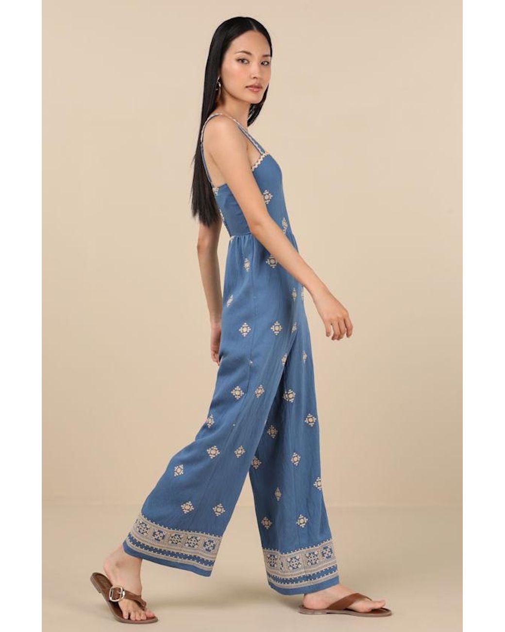 Lulus Blue Arwen Embroidered Wide-Leg Jumpsuit
