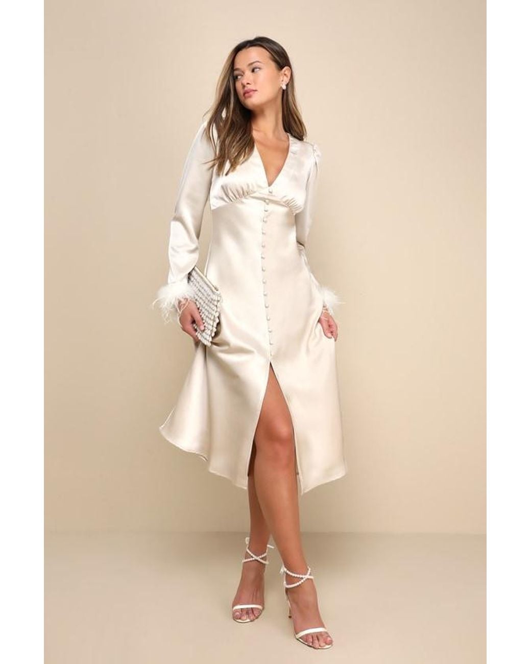 Lulus White Precious Aura Satin Feather Long Sleeve Midi Dress