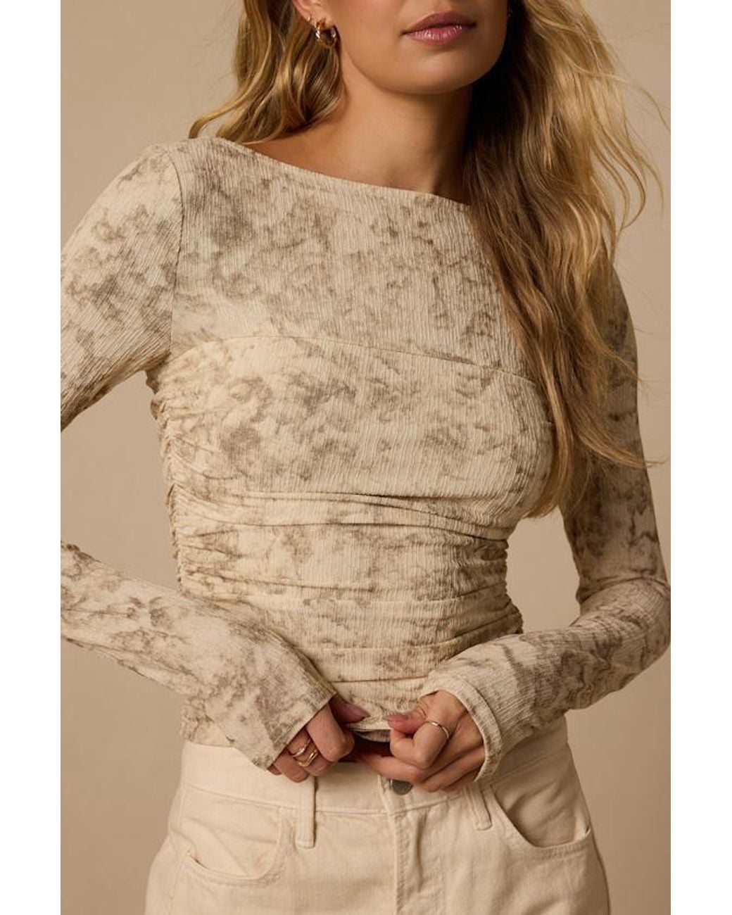 Lulus Natural Valerie Multi Print Long Sleeve Top