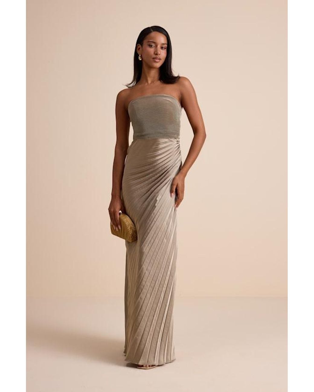 Lulus Natural Nyrah Satin Pleated Strapless Maxi Dress