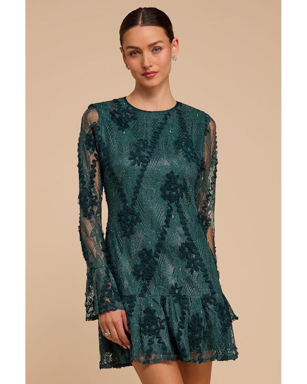 Lulus Blue Darling Era Emerald Lace Long Sleeve Ruffled Mini Dress