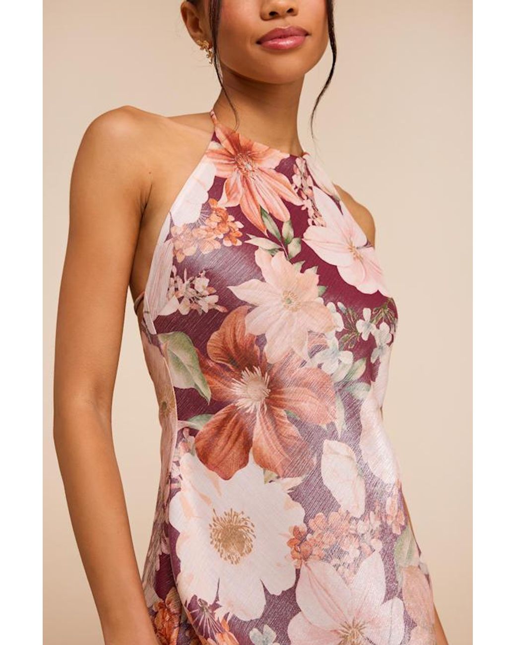 Lulus Pink Sidney Dark Multi Floral Halter Maxi Dress