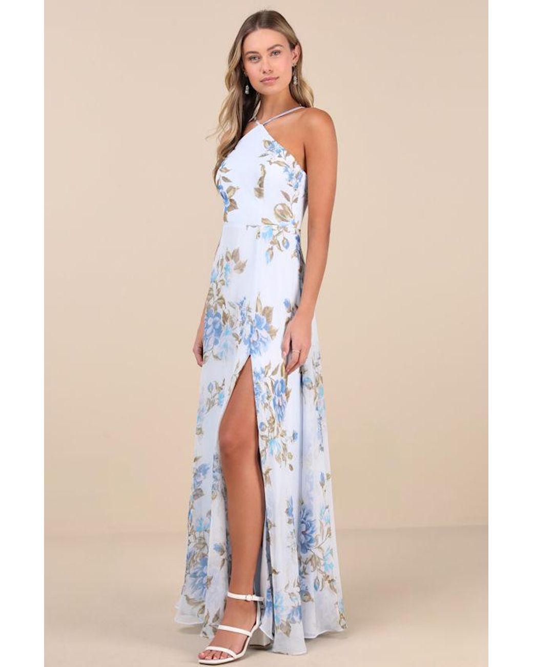 Lulus Blue Romantic Marvel Floral Print Halter Neck Maxi Dress