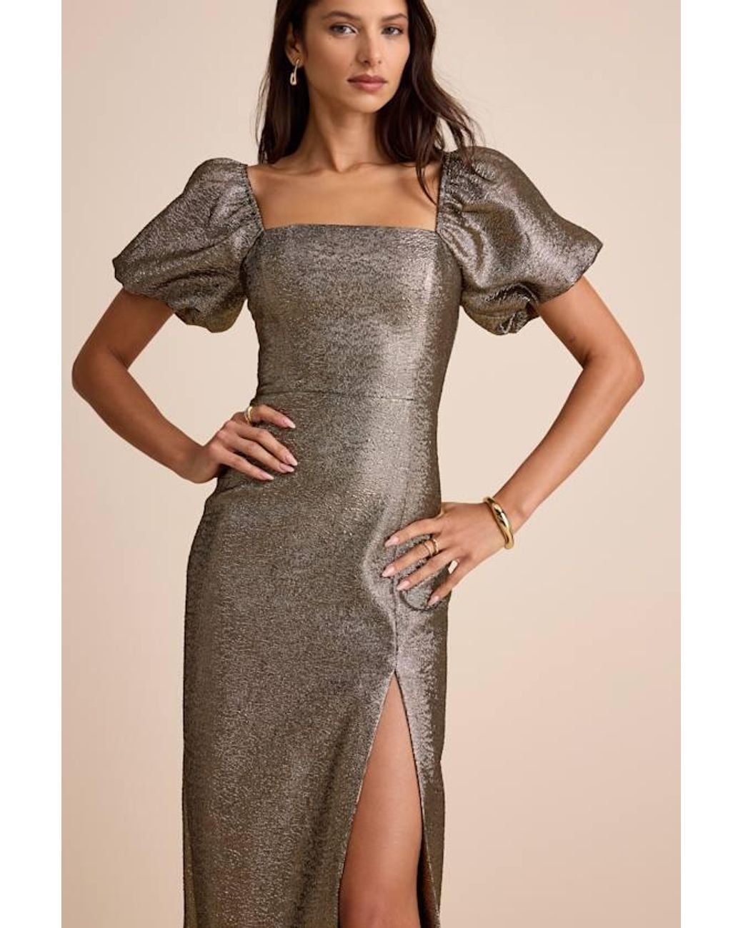 Lulus Natural Celestina Bronze Lurex Puff Sleeve Mermaid Maxi Dress