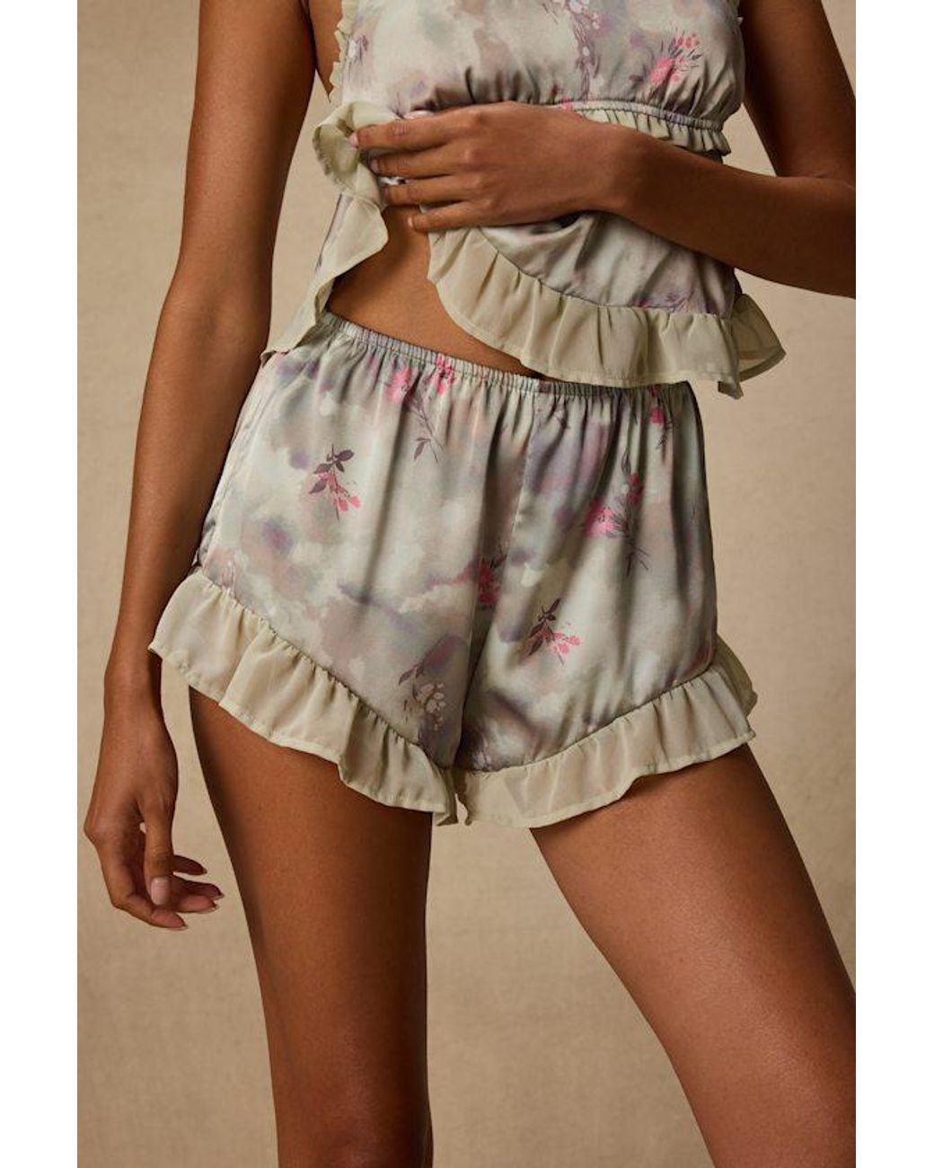 Lulus Brown Gracelyn Sage Floral Satin Shorts Two-Piece Pajama Set