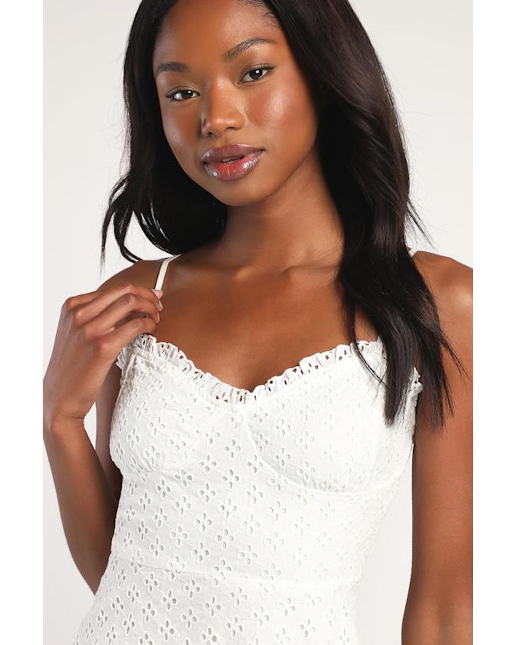 Lulus White Friendly Flirtation Sleeveless A-Line Eyelet Mini Dress