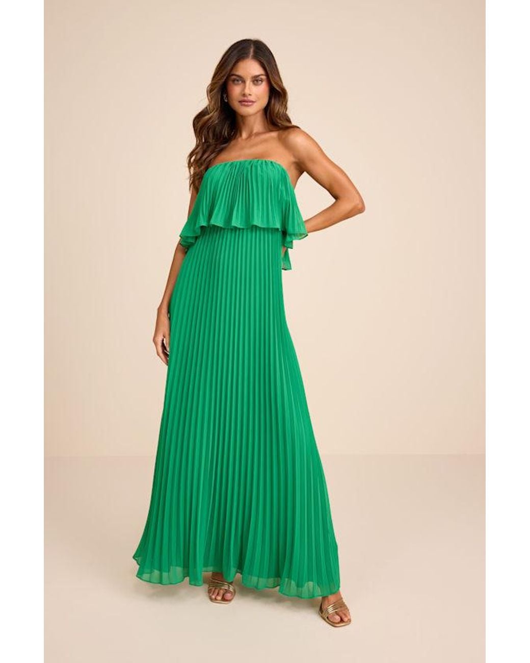 Lulus Green Arietta Pleated Strapless Maxi Dress