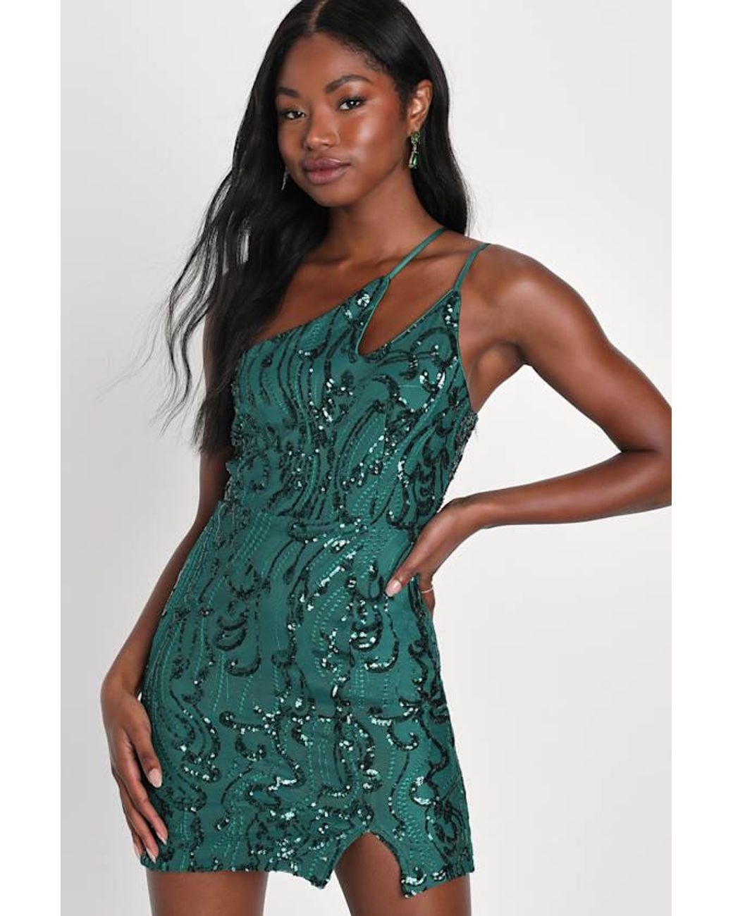 Lulus Green Alluring Shine Sequin One-Shoulder Mini Dress