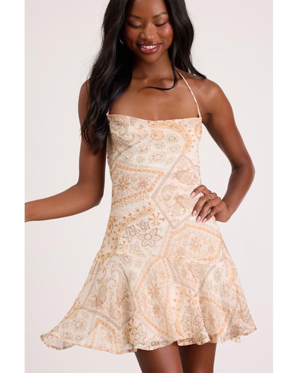 Lulus Natural Nell Multi Boho Print Halter Mini Dress