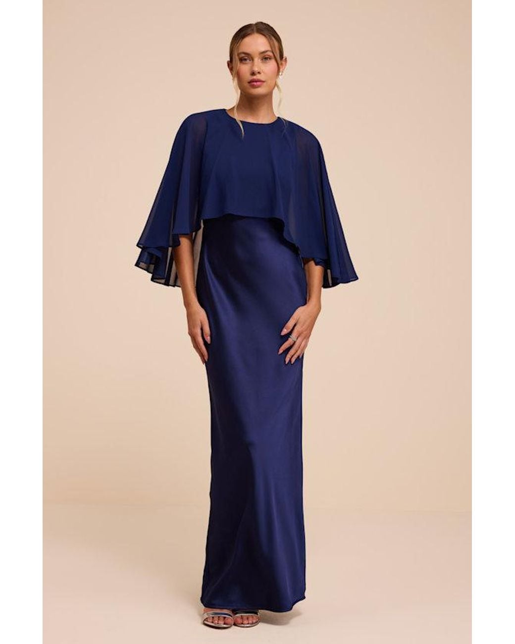 Lulus Blue Fowler Satin Cape Maxi Dress
