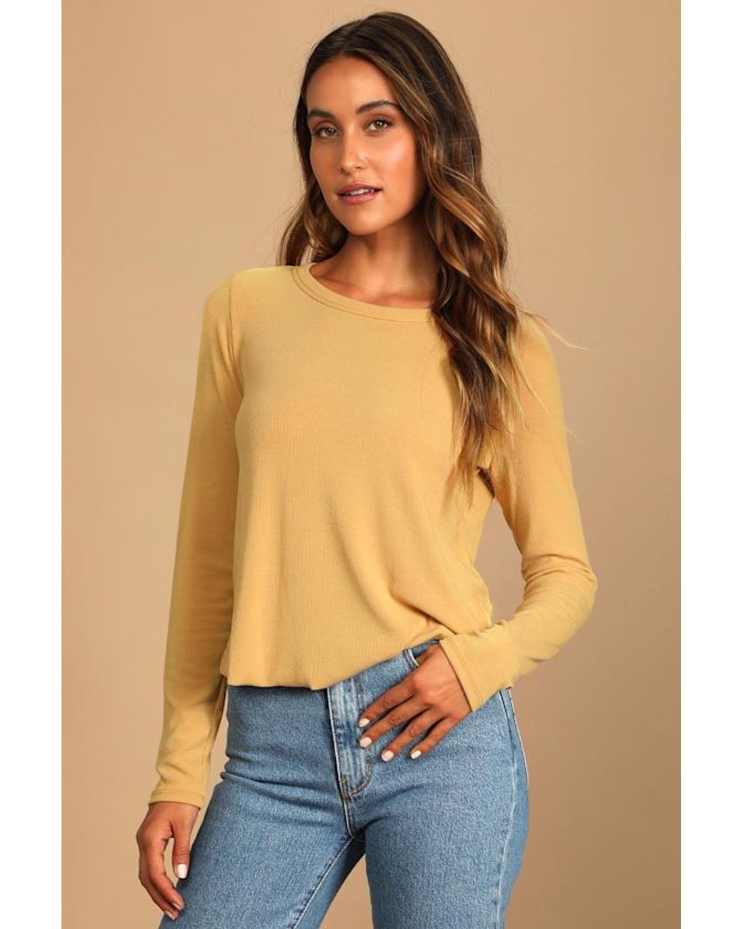 Lulus Natural Sweet Side Ribbed Cutout Long Sleeve Top