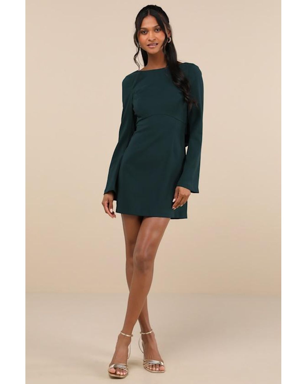 Lulus Blue Elegant Cutie Emerald Bow Long Sleeve Backless Mini Dress
