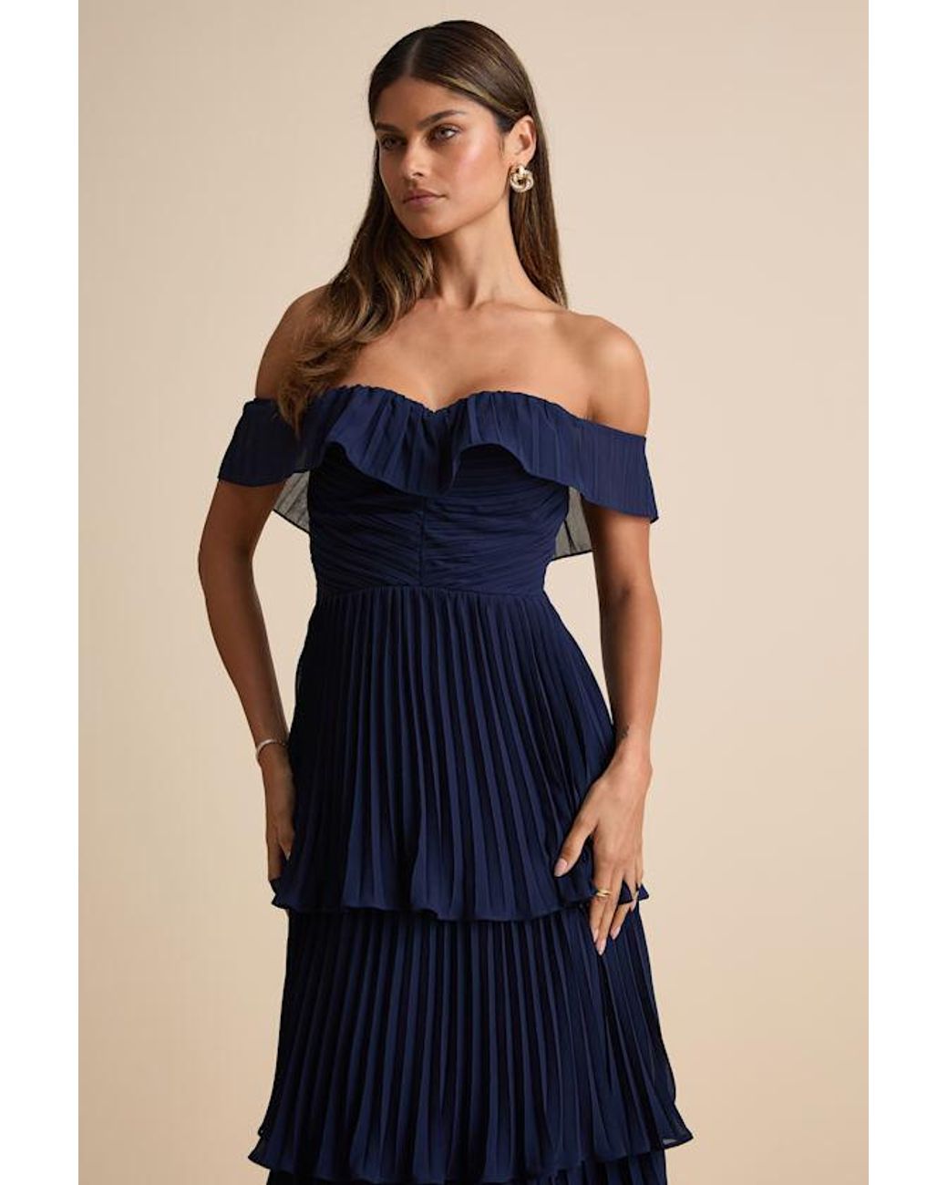 Lulus Blue Always Remarkable Pleated Off-The-Shoulder Maxi Dress