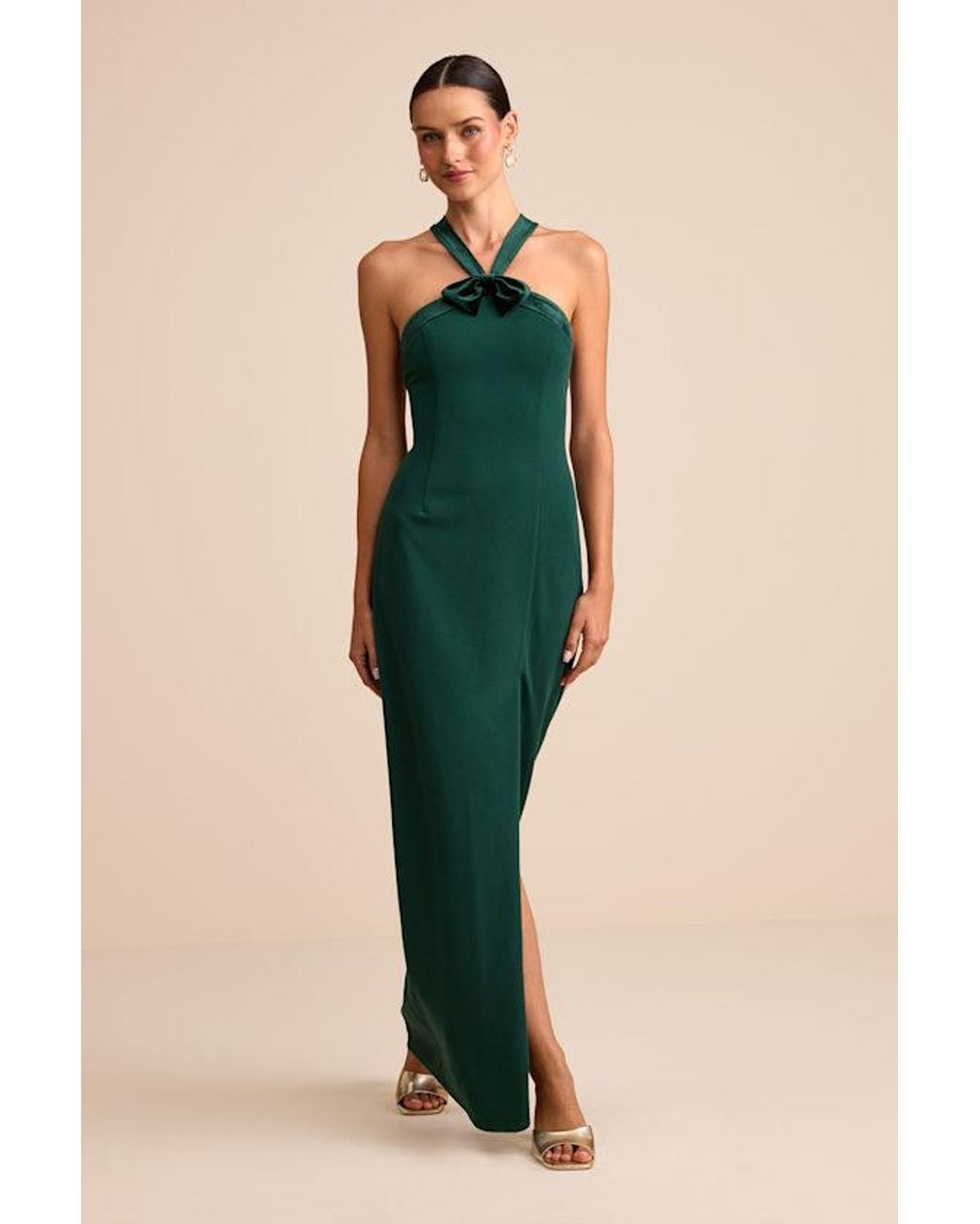 Lulus Green Bisian Velvet Bow Backless Apron Maxi Dress