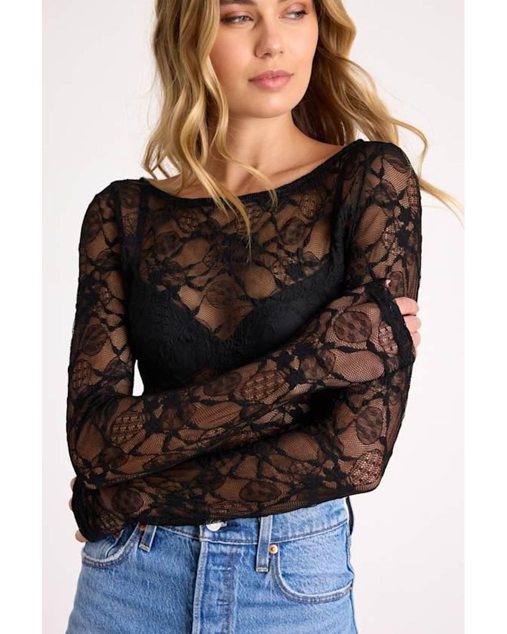 Lulus Black Hunter Sheer Lace Long Sleeve Top