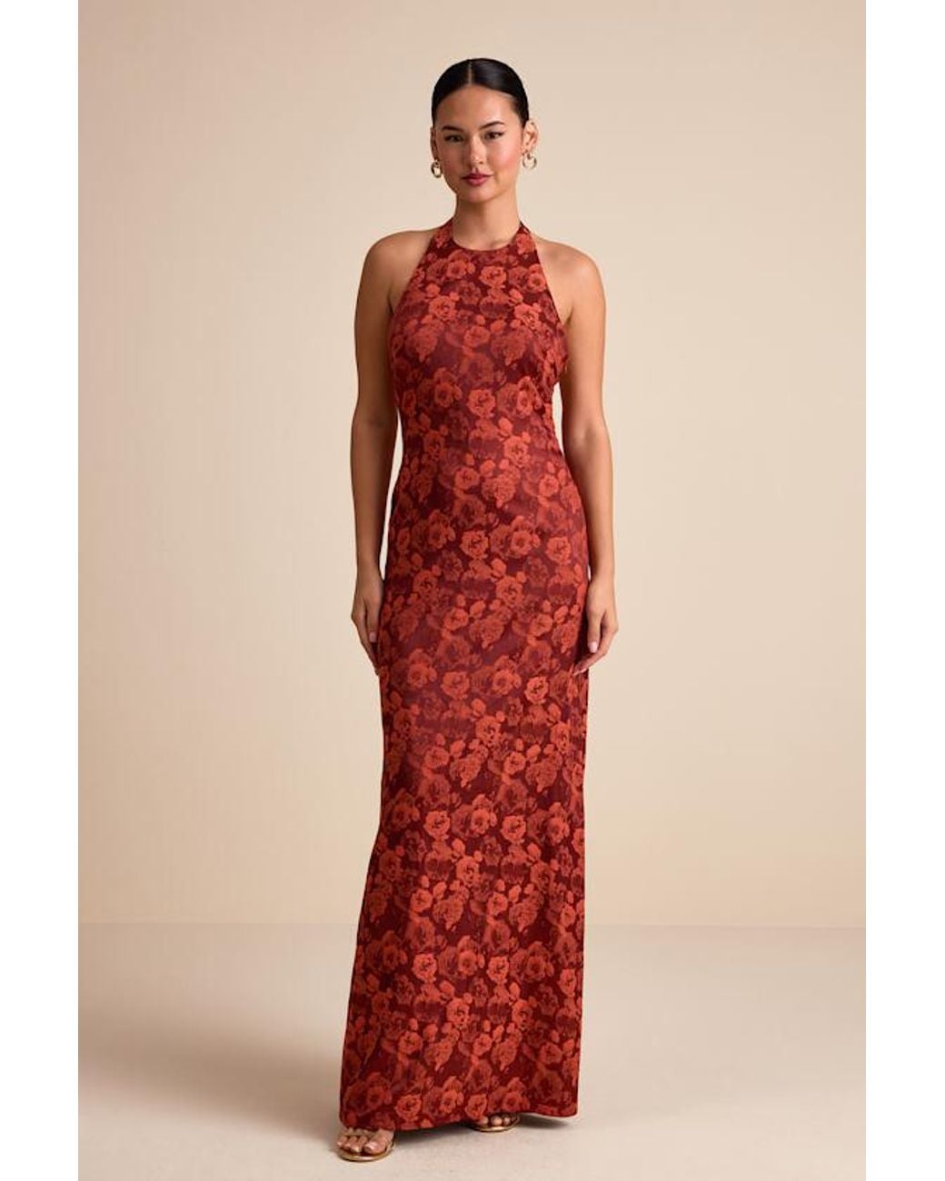 Lulus Red Alaria Rust Satin Jacquard Halter Neck Maxi Dress