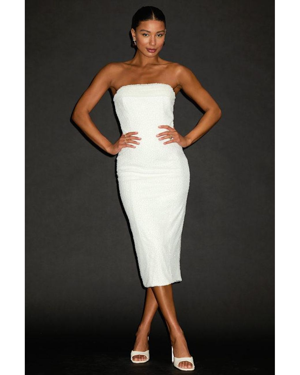 Lulus Natural Catriona Beaded Cowl Neck Strapless Midi Dress