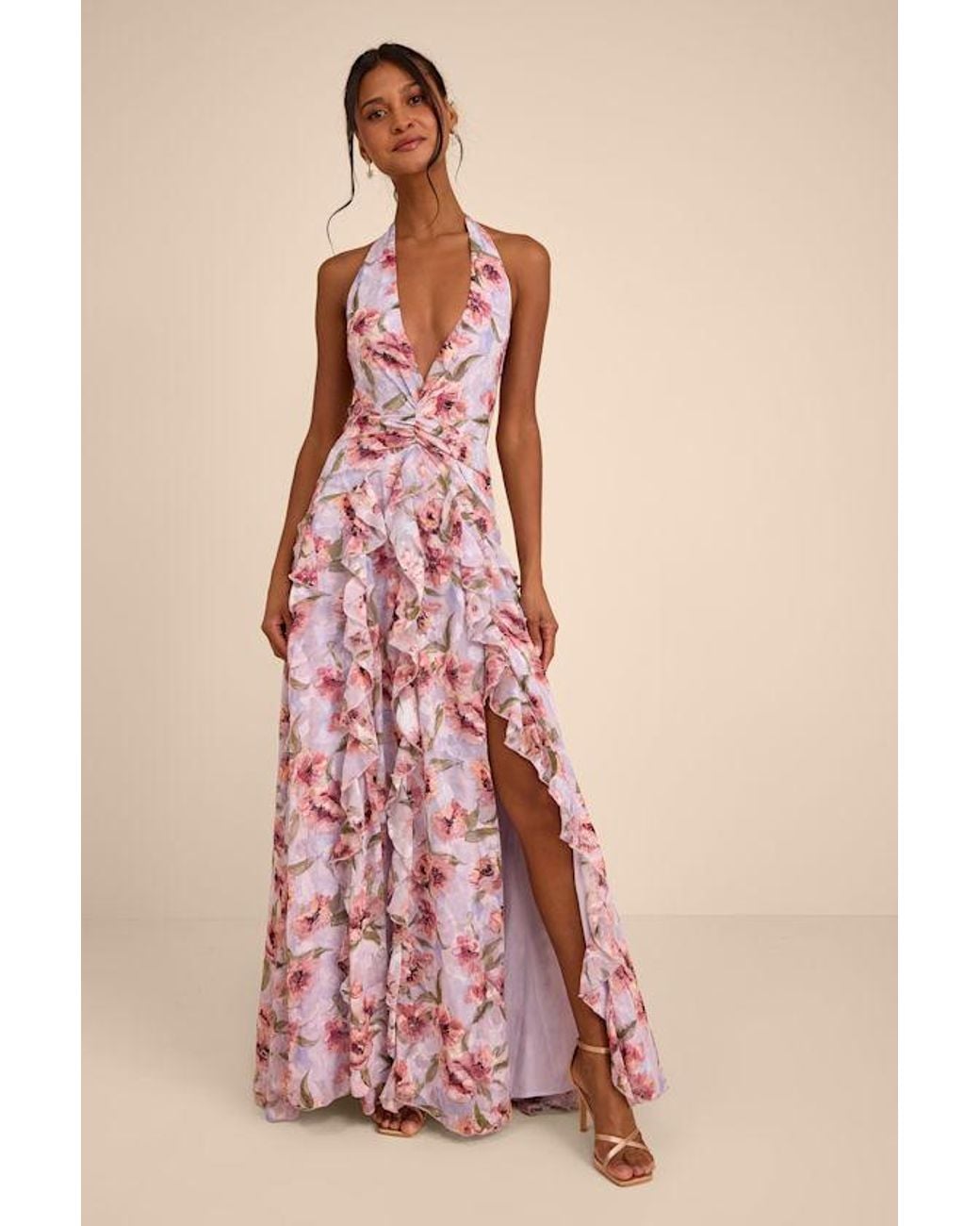 Lulus Pink Oleta Multi Floral Ruffled Maxi Dress