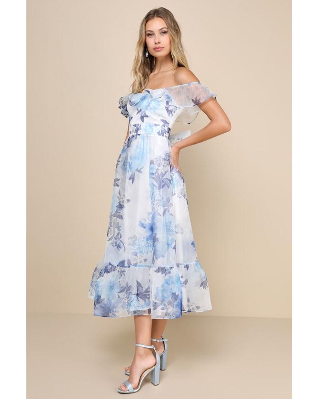 Lulus Blue Sweet Composure Floral Organza Off-The-Shoulder Midi Dress