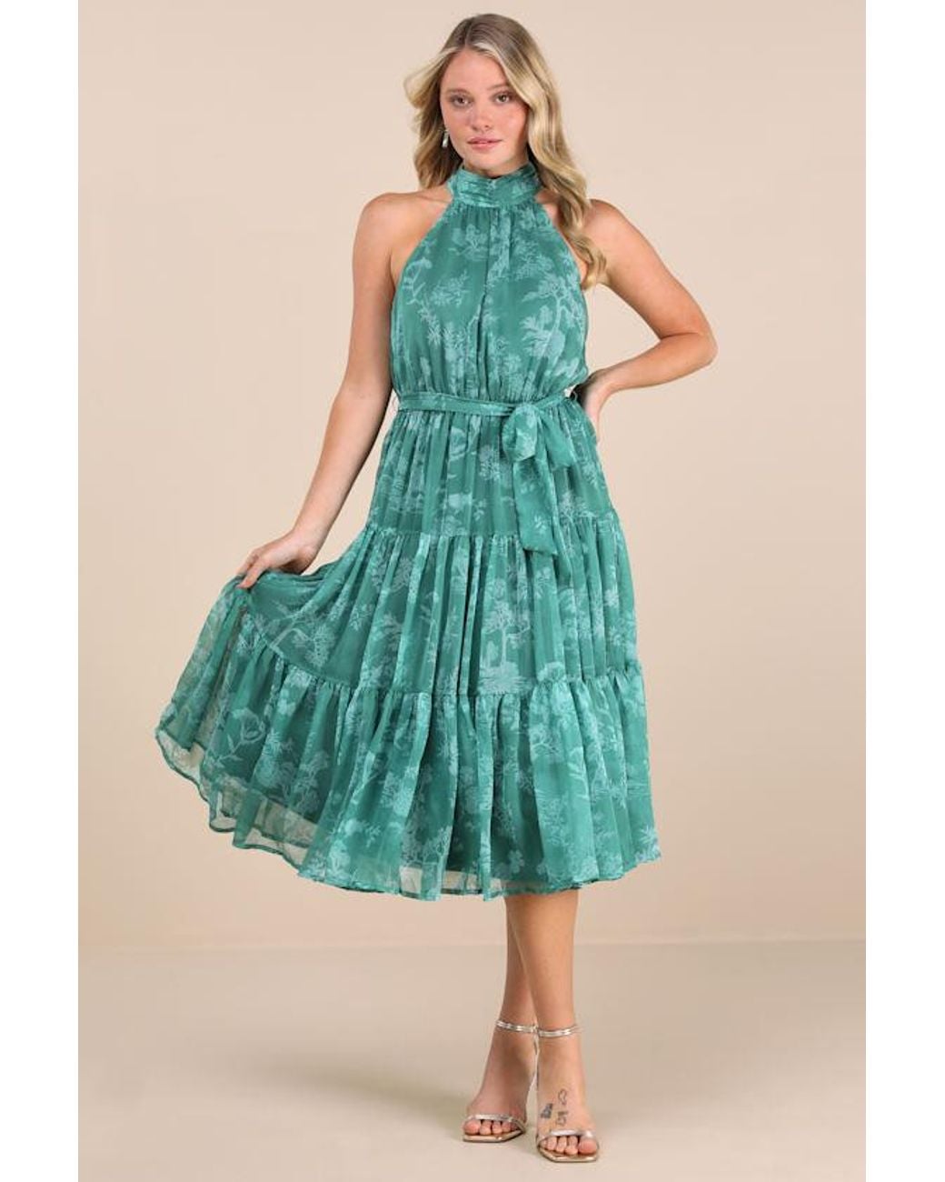 Lulus Green Float To You Floral Print Halter Tiered Midi Dress