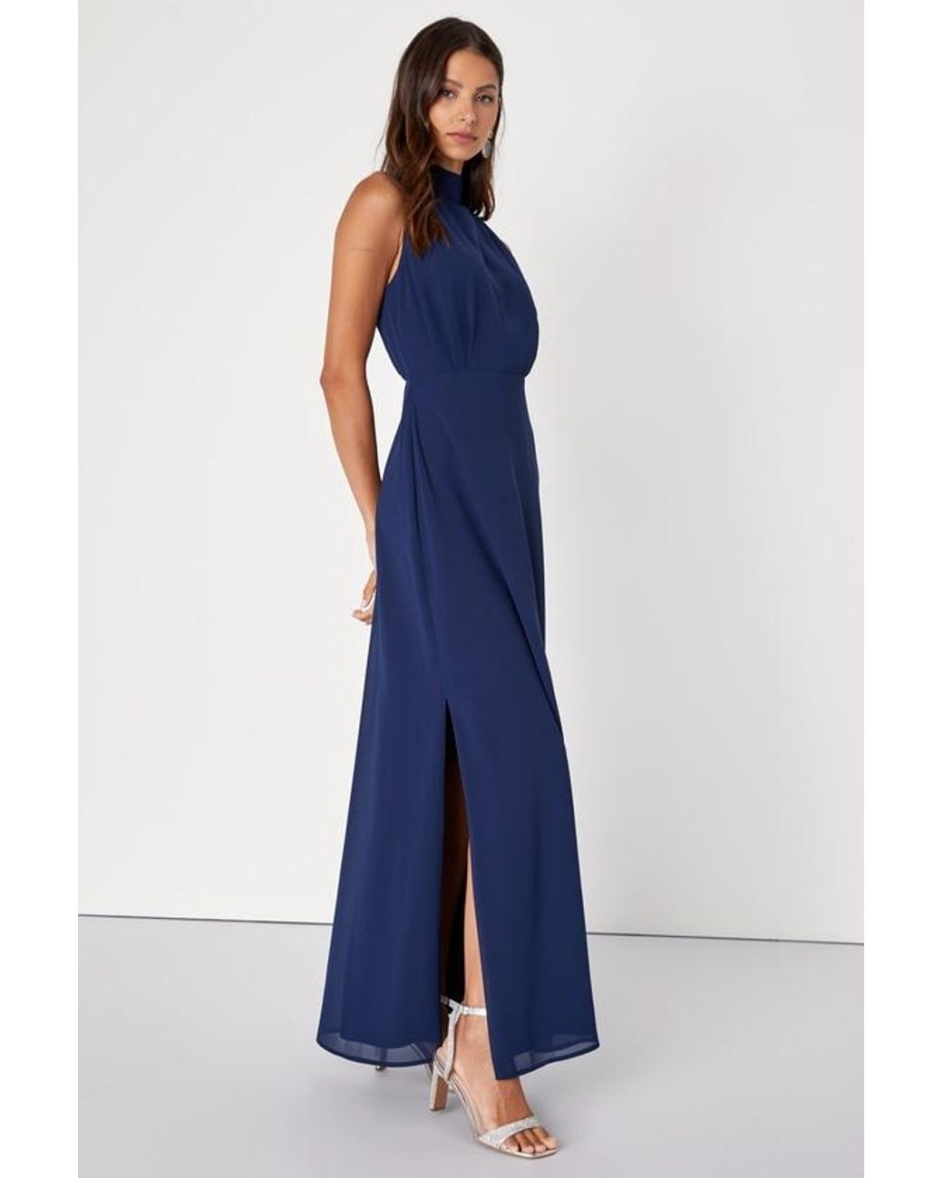 Lulus Blue Classic Elegance Chiffon Sleeveless Mock Neck Maxi Dress