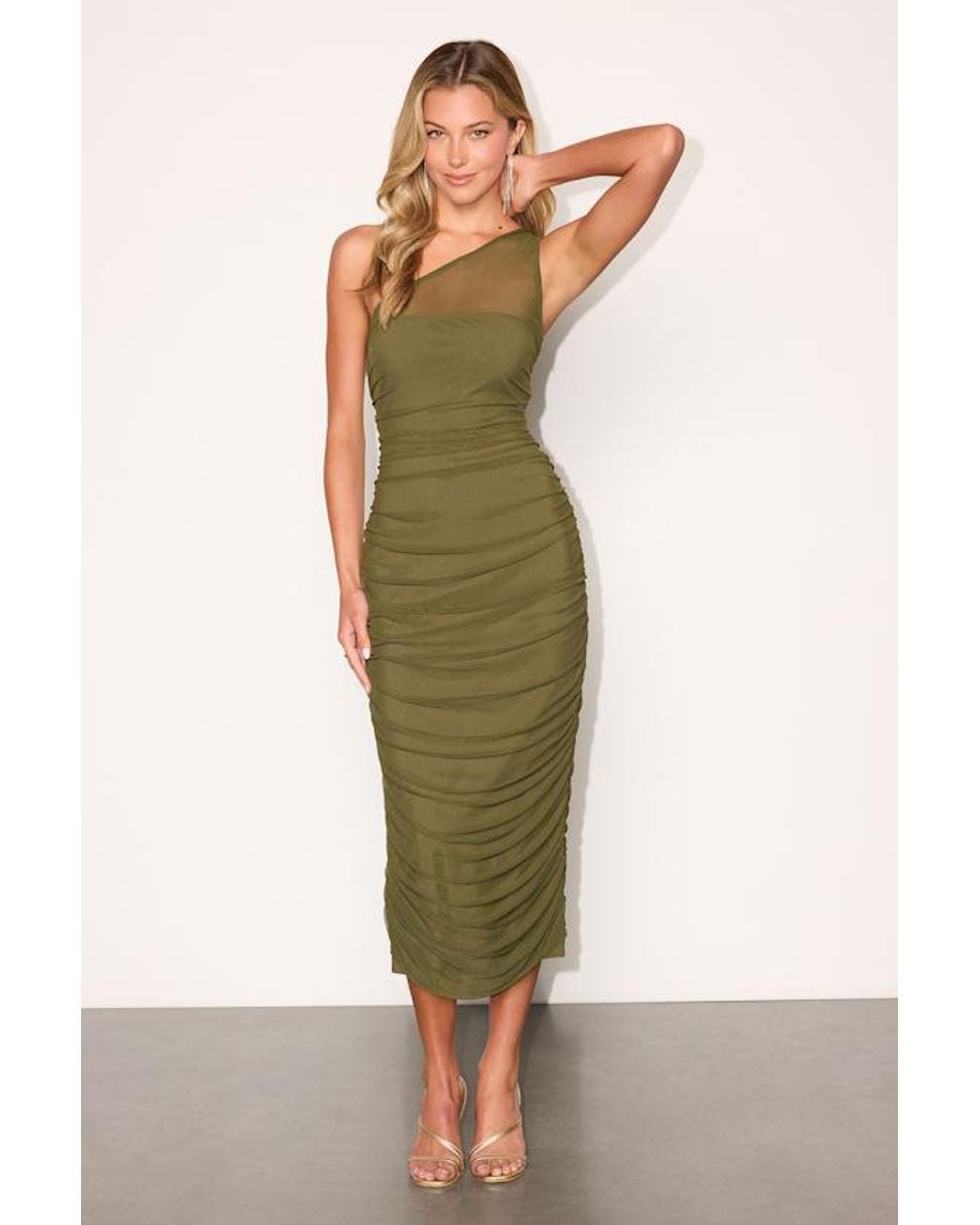 Lulus Green Kiden Mesh Ruched One-Shoulder Midi Dress