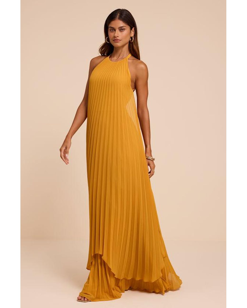 Lulus Yellow Dorala Pleated Lace-Up Tiered Maxi Dress