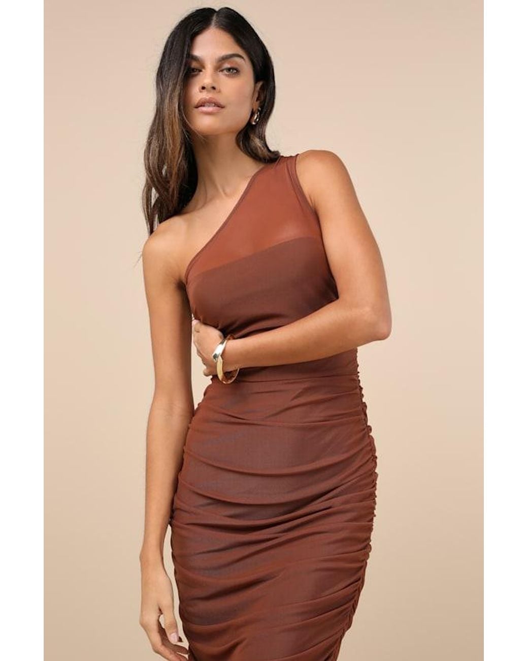 Lulus Natural Kiden Mesh Ruched One-Shoulder Midi Dress