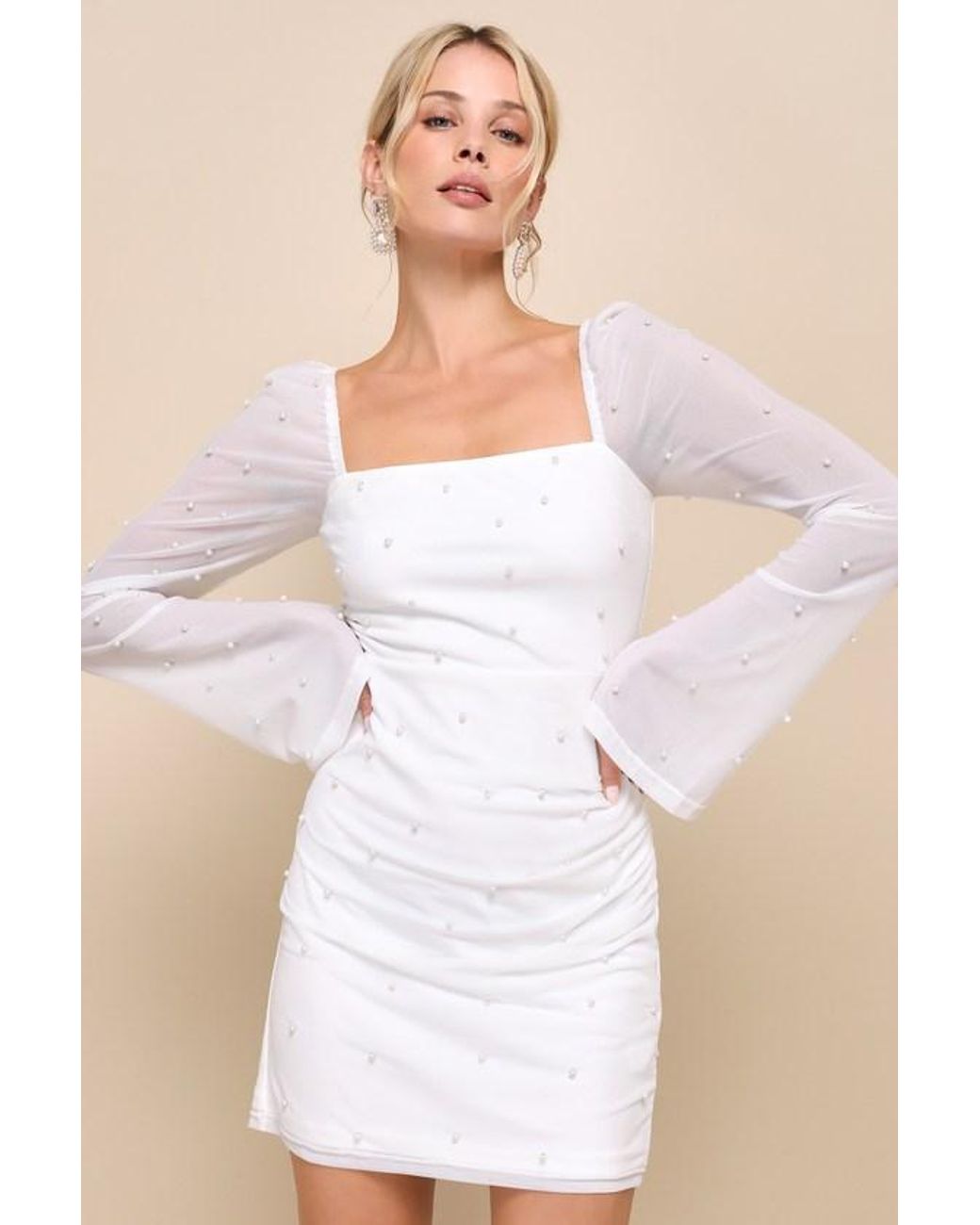 Lulus White Flirty Luxury Mesh Pearl Long Sleeve Mini Dress