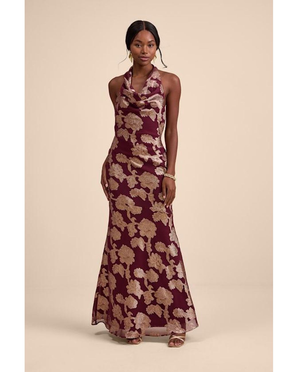 Lulus Zafira Burgundy And Burnout Cowl Halter Maxi Dress