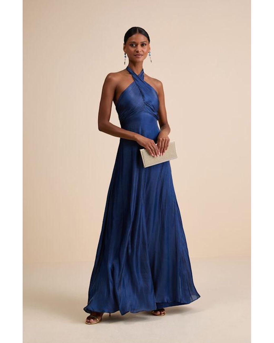 Lulus Blue Canley Satin Cross-Front Halter Maxi Dress
