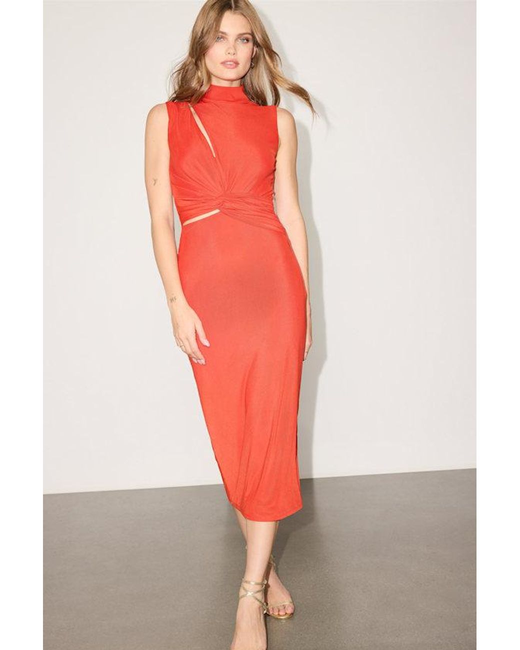 Lulus Red Kamara Mesh Cutout Knotted Midi Dress