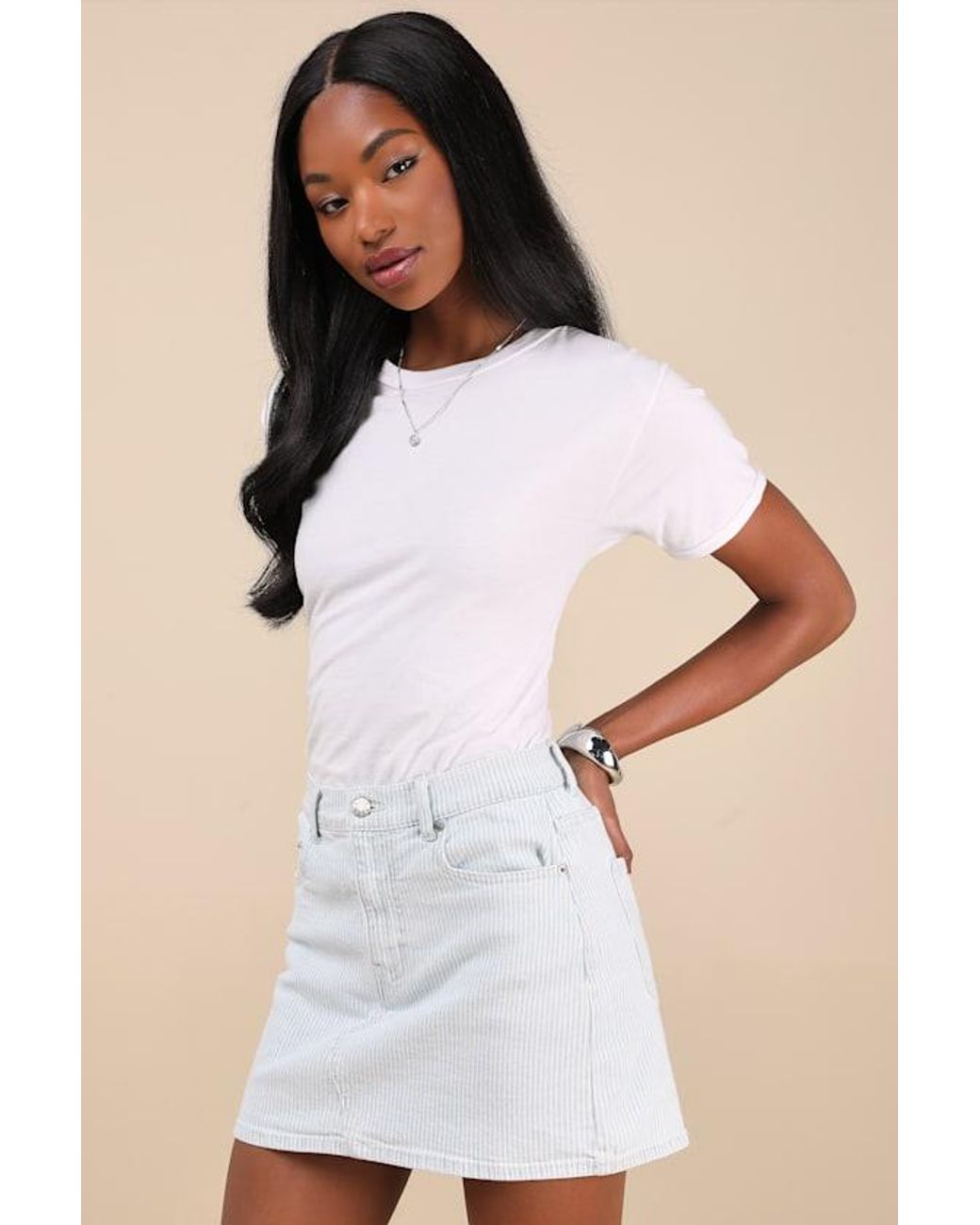 Daze Denim Natural Malibu Light Wash Striped Denim Mini Skirt