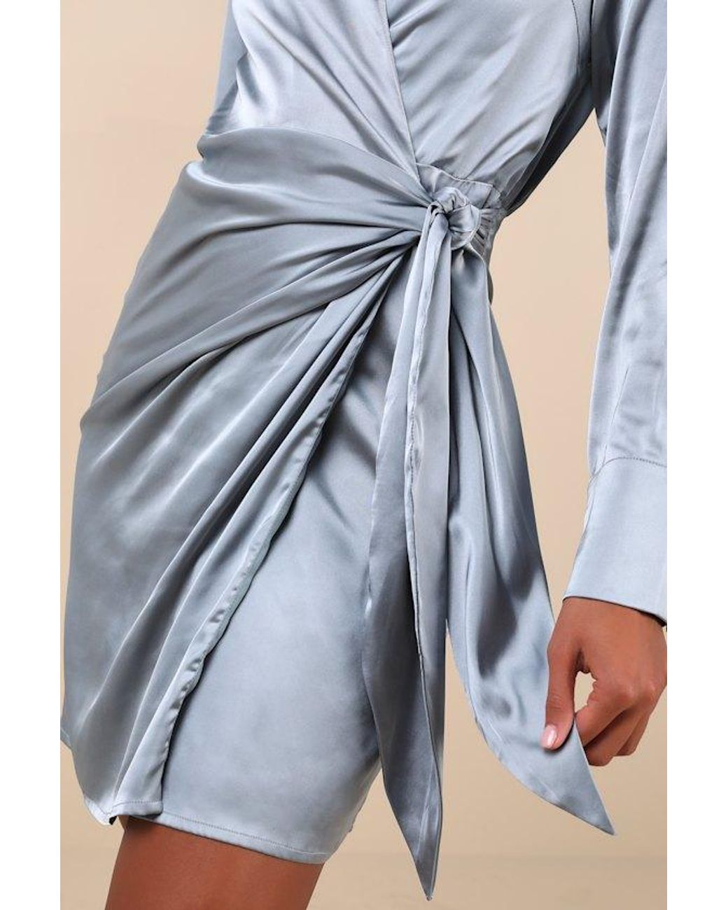 Lulus Blue Painterly Perfection Satin Wrap Mini Dress
