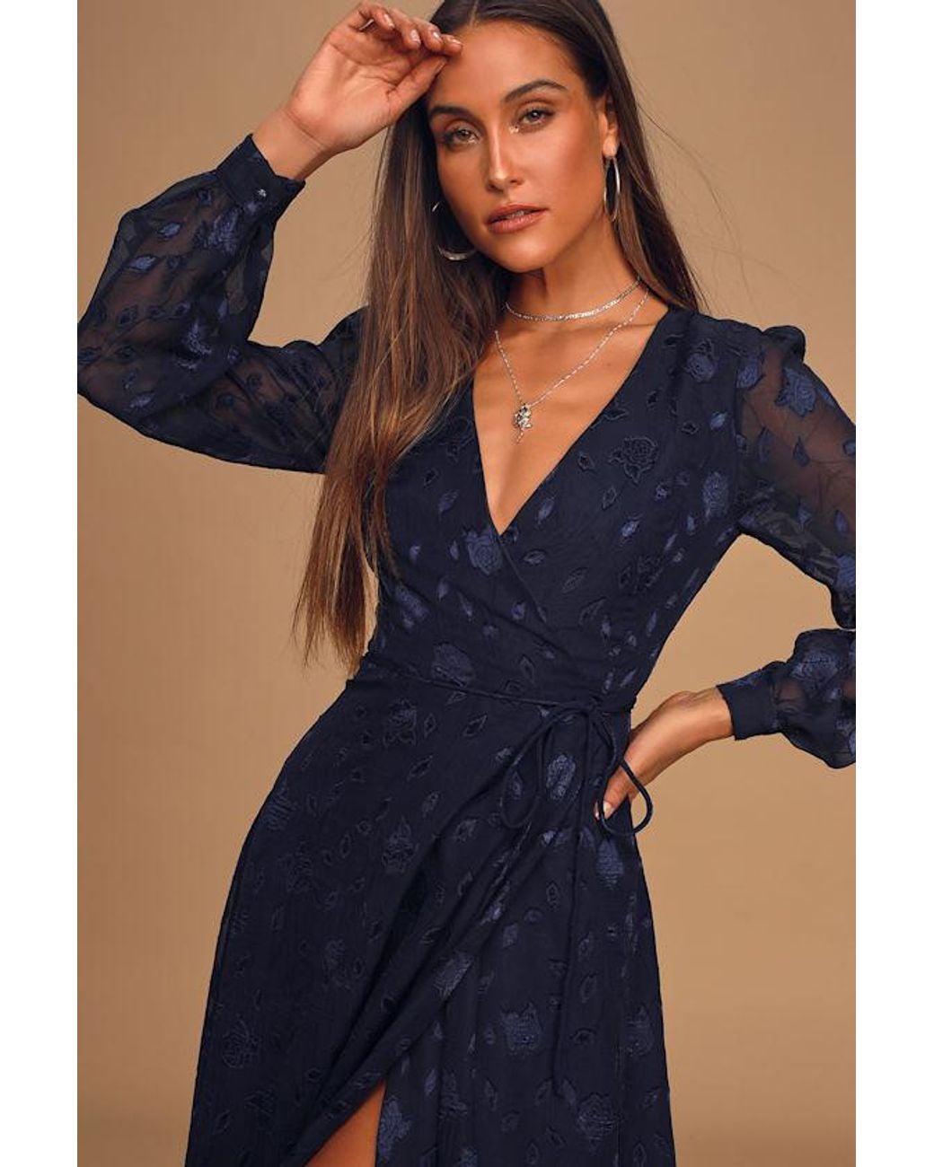 Lulus Blue Evening Of Elegance Floral Jacquard Wrap Midi Dress