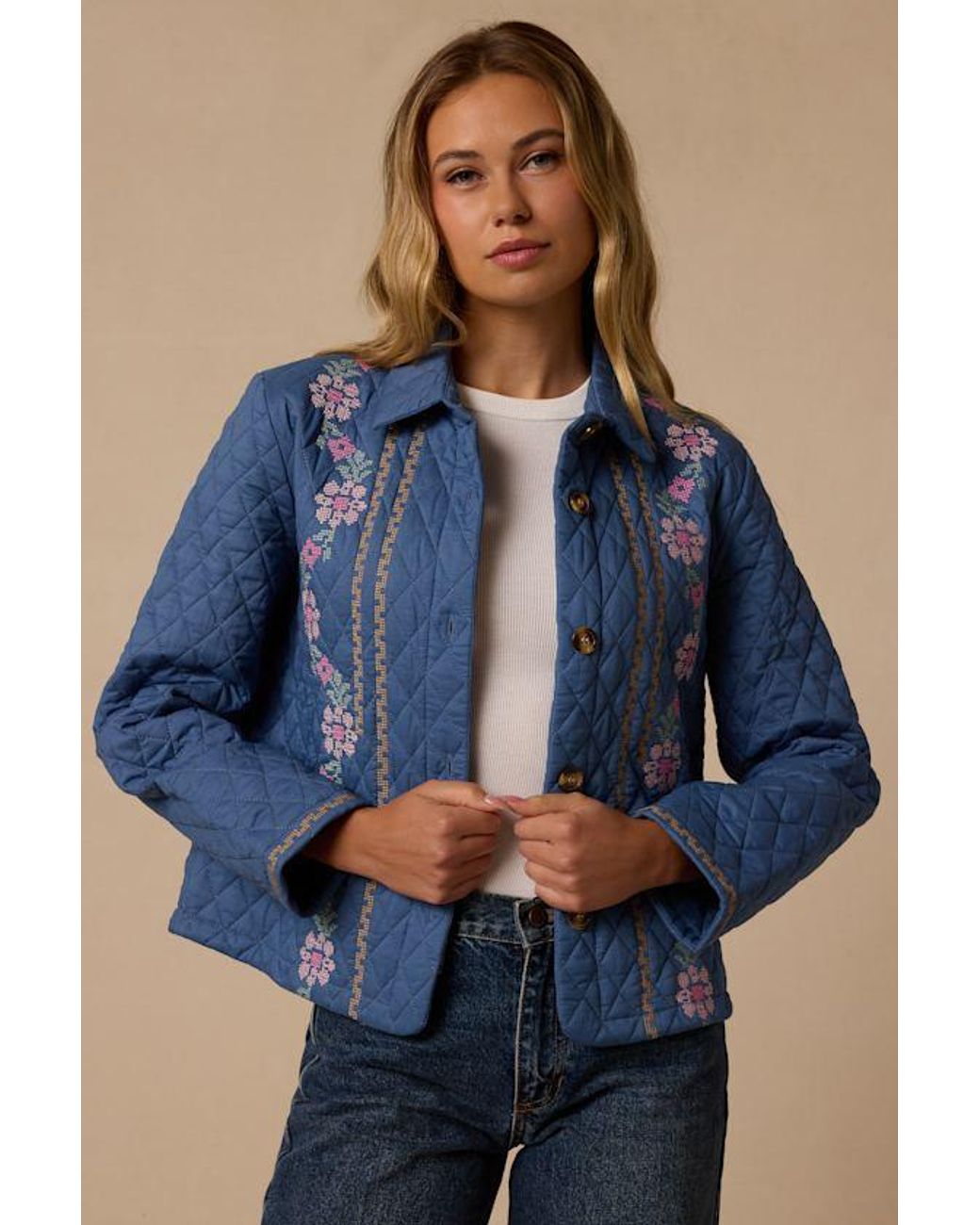 Lulus Blue Neve Embroidered Quilted Jacket